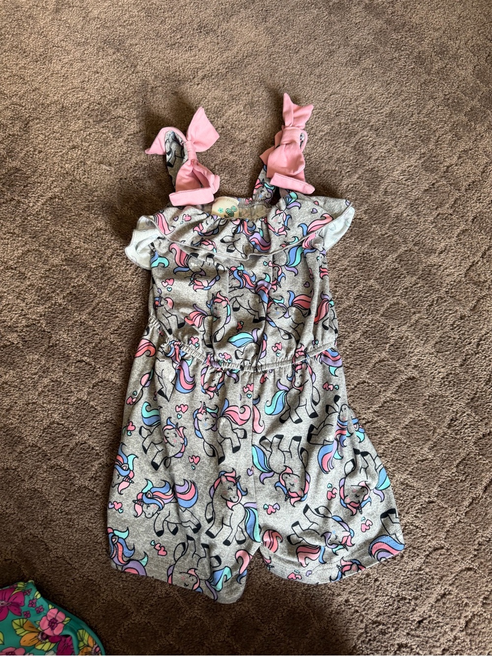 Lily Bleu Gray Romper with Pink Tie Straps and Unicorn Print